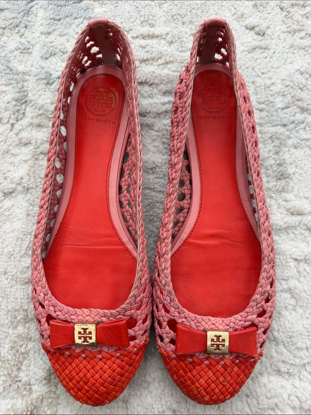 Tory Burch Coral and Red Woven Ballet Flats with Bow